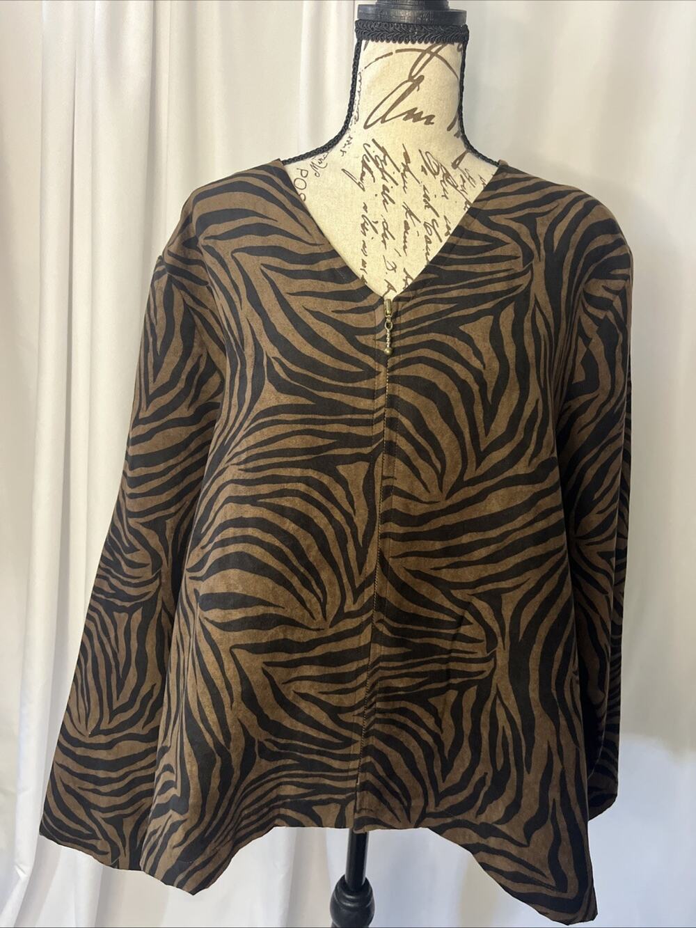 Cathy by Cathy Daniels Zebra Print Suede Zip V-Neck Jacket Women’s 18